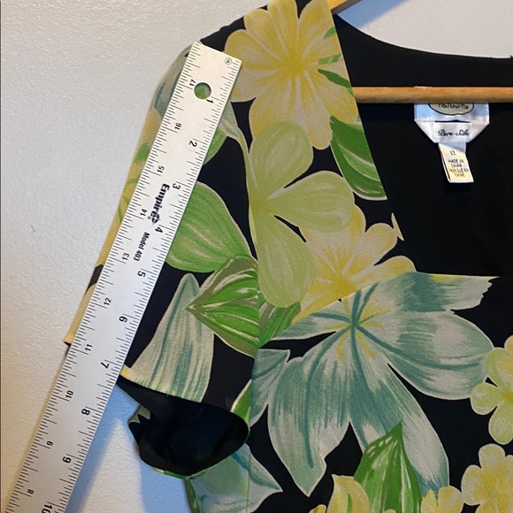 Talbots Pure Silk Floral Dress 12 Black Yellow Green Short Sleeve Lined Midi - Picture 13 of 15